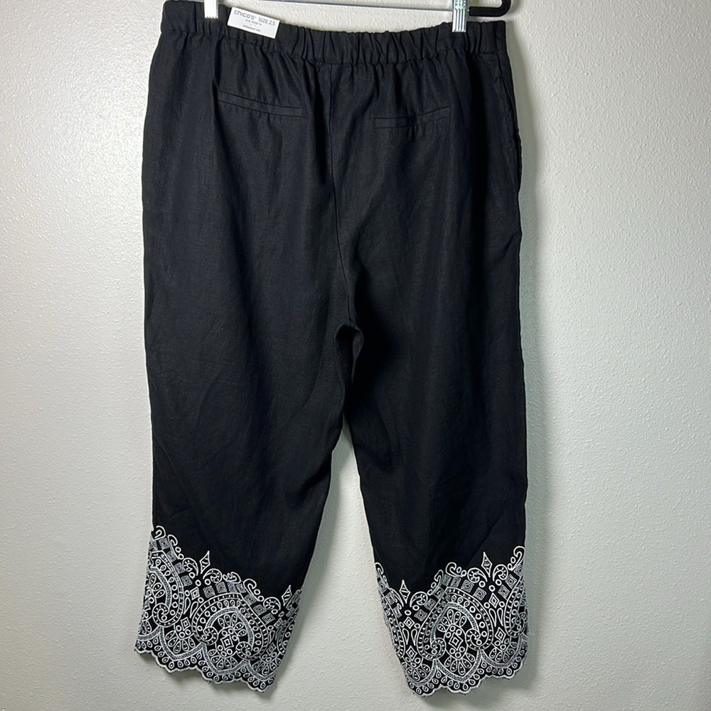 Chicos Linen Crop Straight Pant 14 Black White Embroidery Lightweight Pockts NEW - Picture 7 of 17